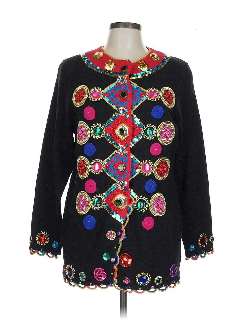 Vtg 90s y2k Michael Simon Heavy Jeweled Sweater Cardigan Holiday Funky Art Large
